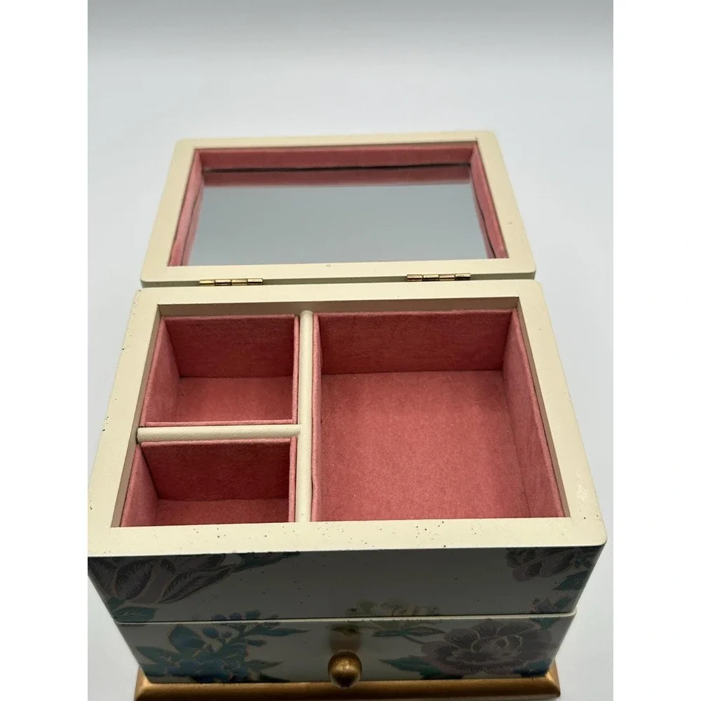 Vintage Floral Trinket Box Cream Jewelry Storage with Gold Base